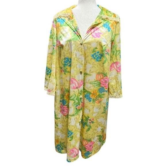 Vanity Fair 70s Vintage Yellow Floral Satin Robe Sz 34 Small Lace Pumpkin Fall - Picture 2 of 12